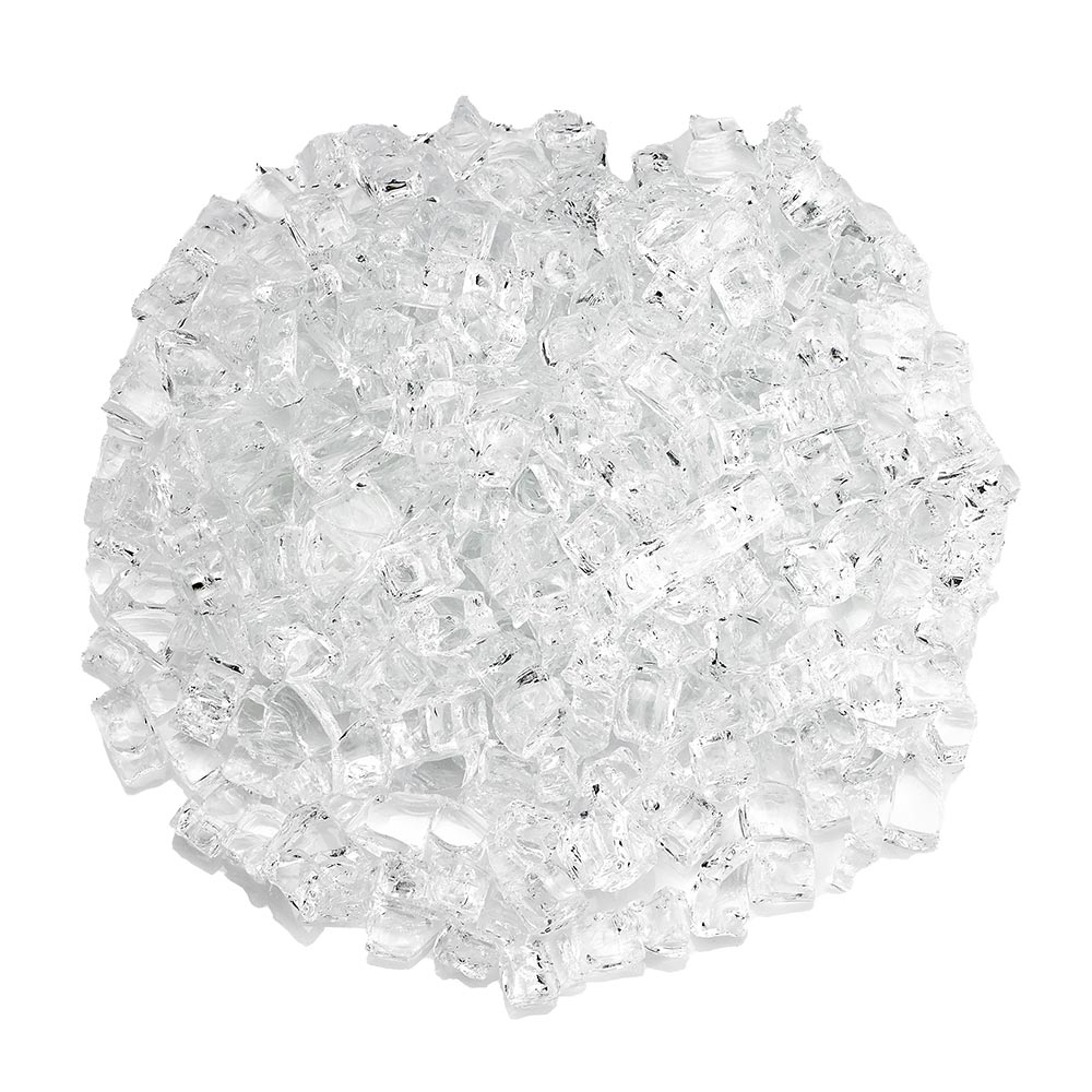 Clear white fire glass chunks, loose shards for fire pits and fireplaces.