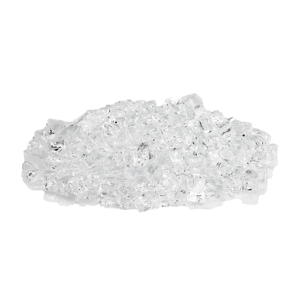 Clear white fire glass shards, loose pieces in an elongated pile.