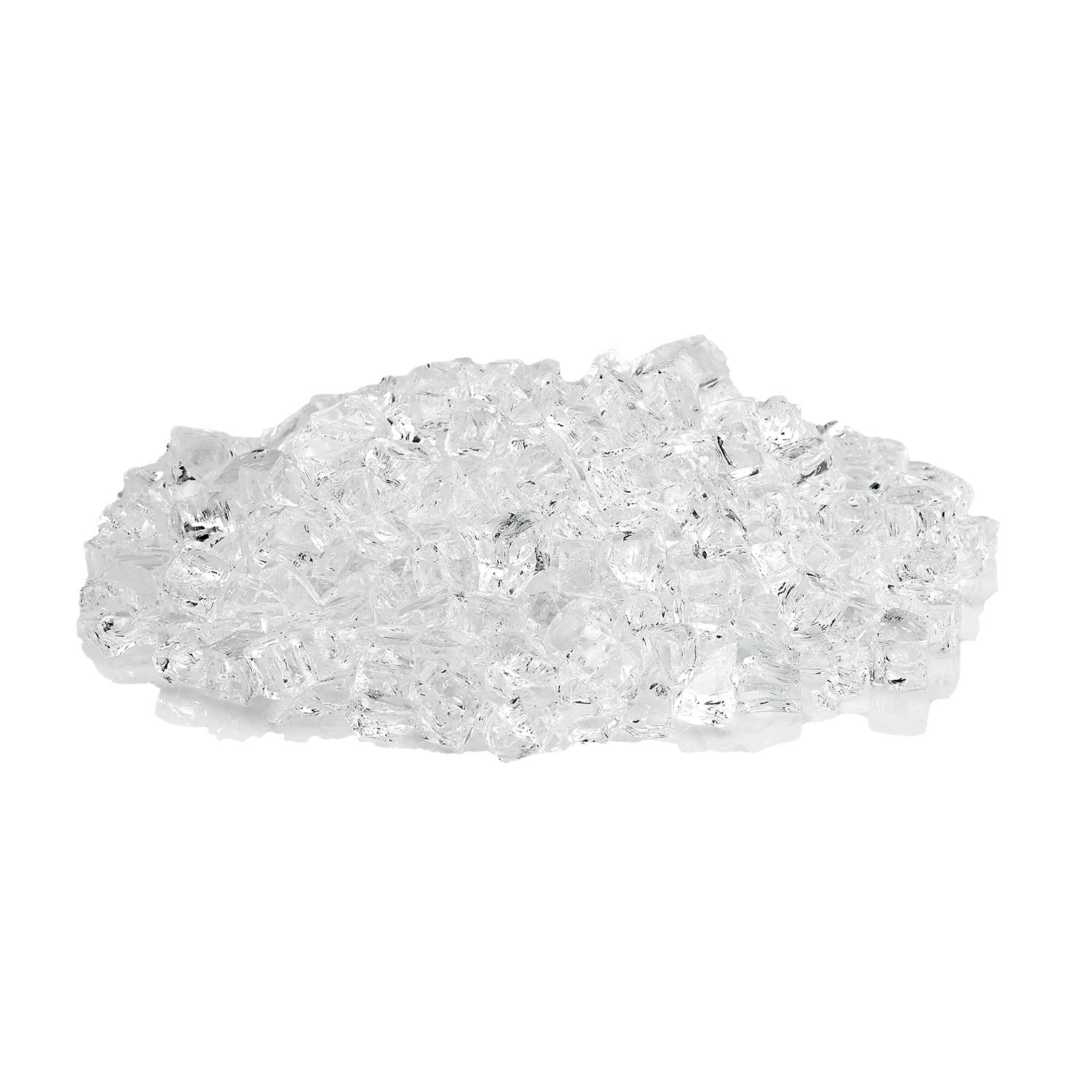Clear white fire glass shards, loose pieces in an elongated pile.