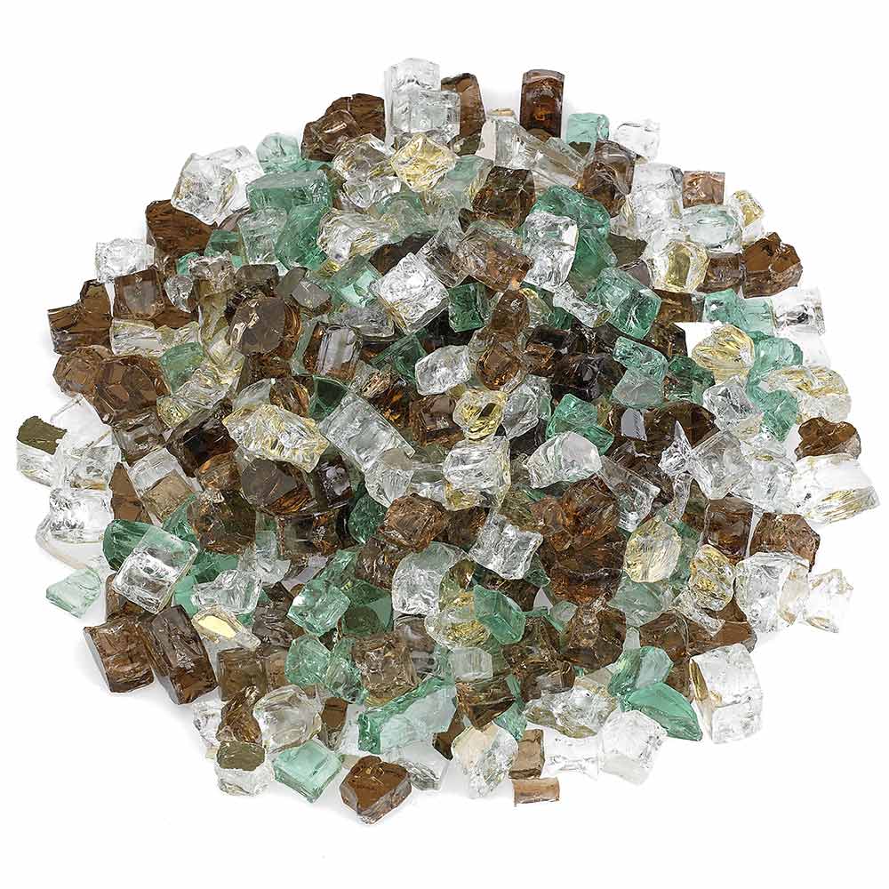 Reflective fire glass cubes in clear, green, brown, and amber tones