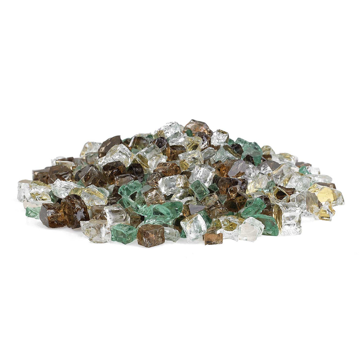 Fire glass chunks with mixed clear, green, brown, and gold reflective pieces