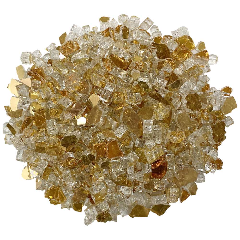 Gold reflective fire glass with clear glass cubes, assorted 1/2-inch pieces for fire pits
