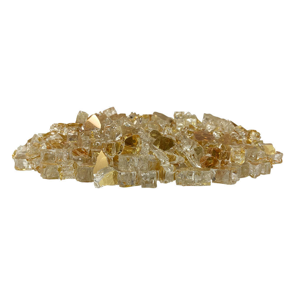 Gold reflective and clear fire glass chunks, assorted 1/2-inch pieces for fire pits