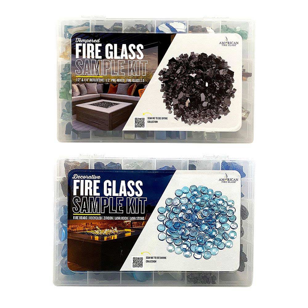 Fire glass sample kit with assorted dark and blue decorative glass pieces in organizer