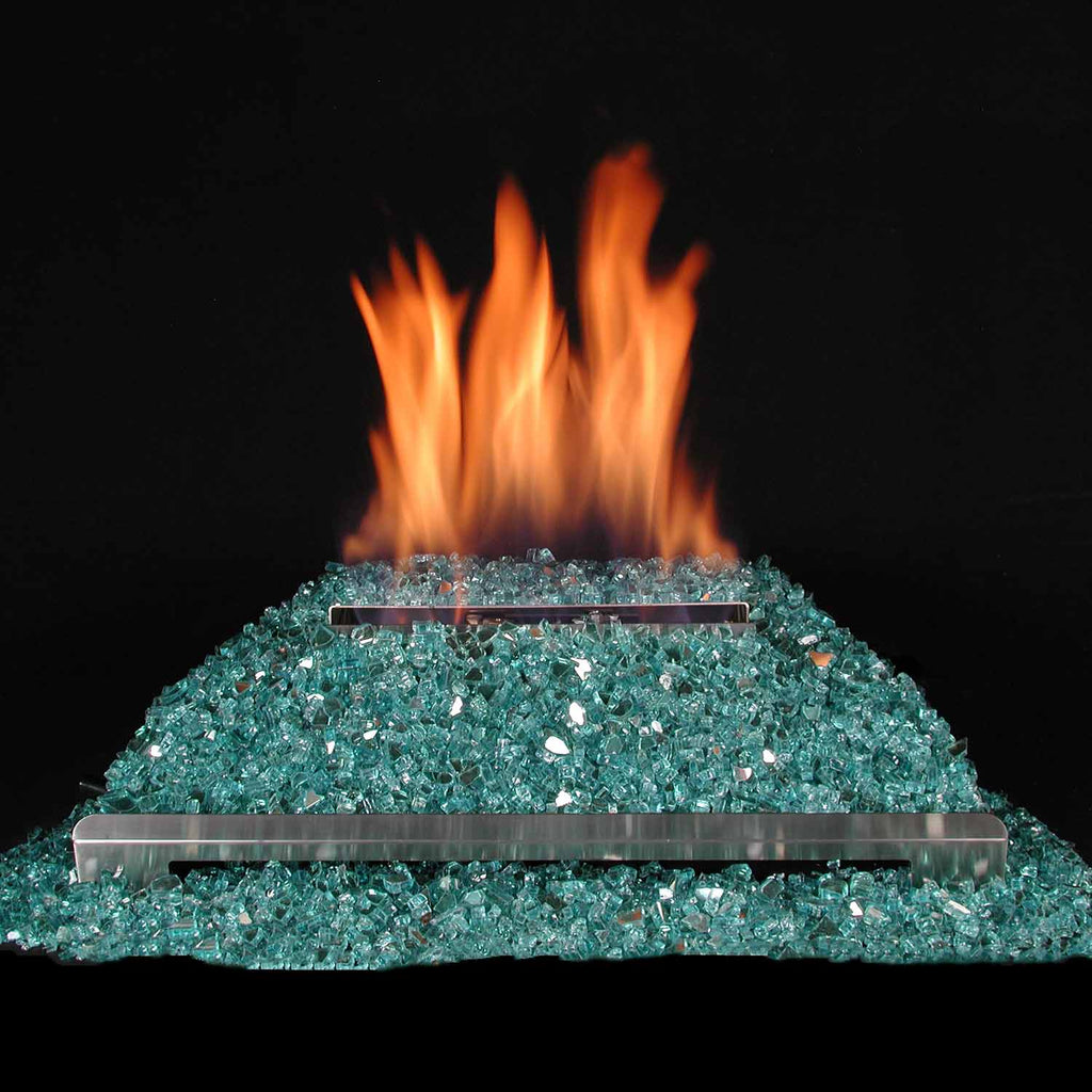 Ventless burner kit with blue-green fire glass and orange flames