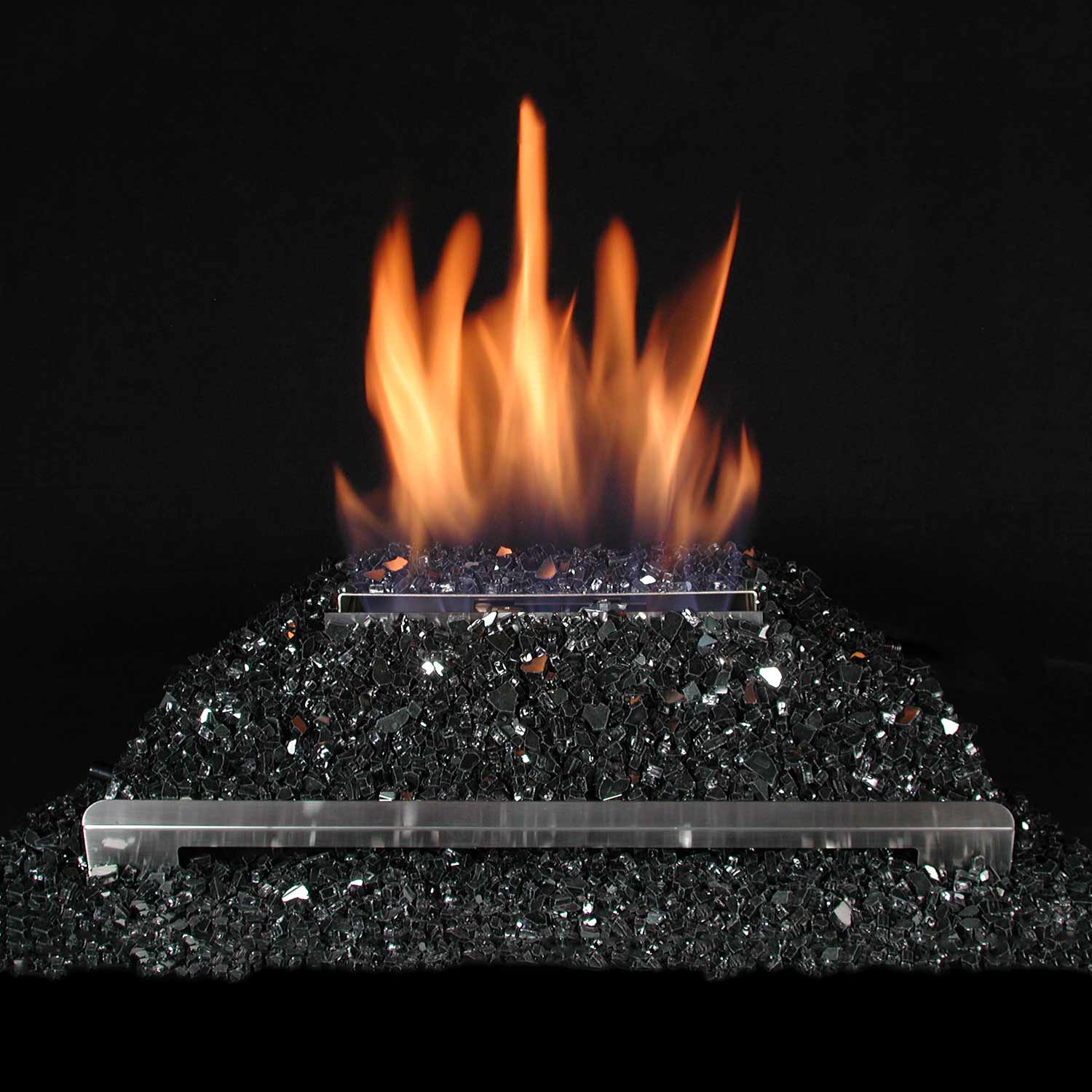 Black fire glass ventless burner kit with stainless burner and orange flames