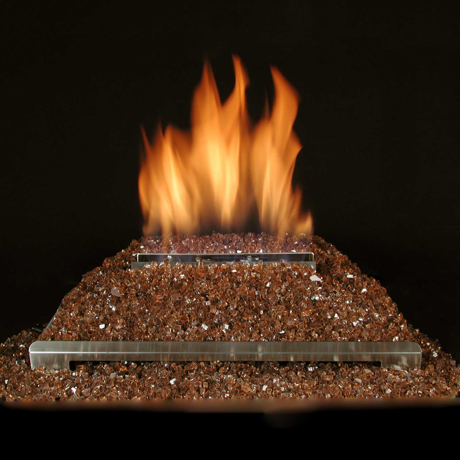 Ventless burner kit with copper fire glass and orange flames