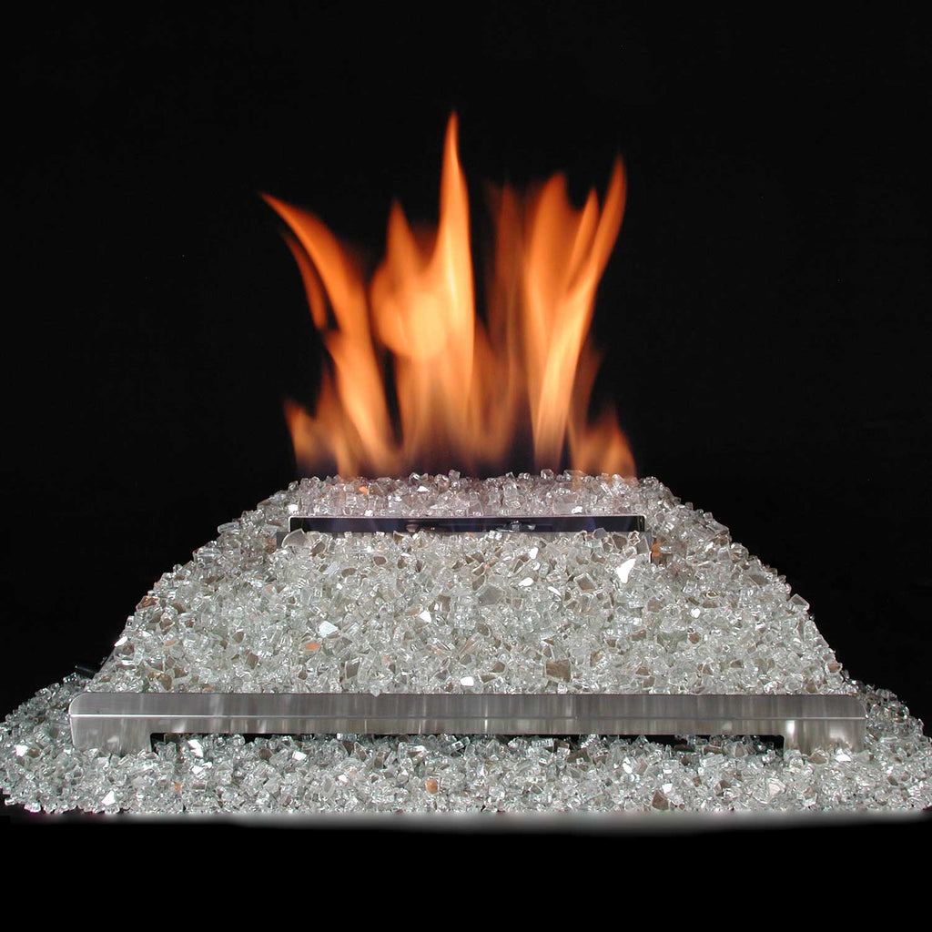 White fire glass ventless burner kit with stainless burner and orange flames