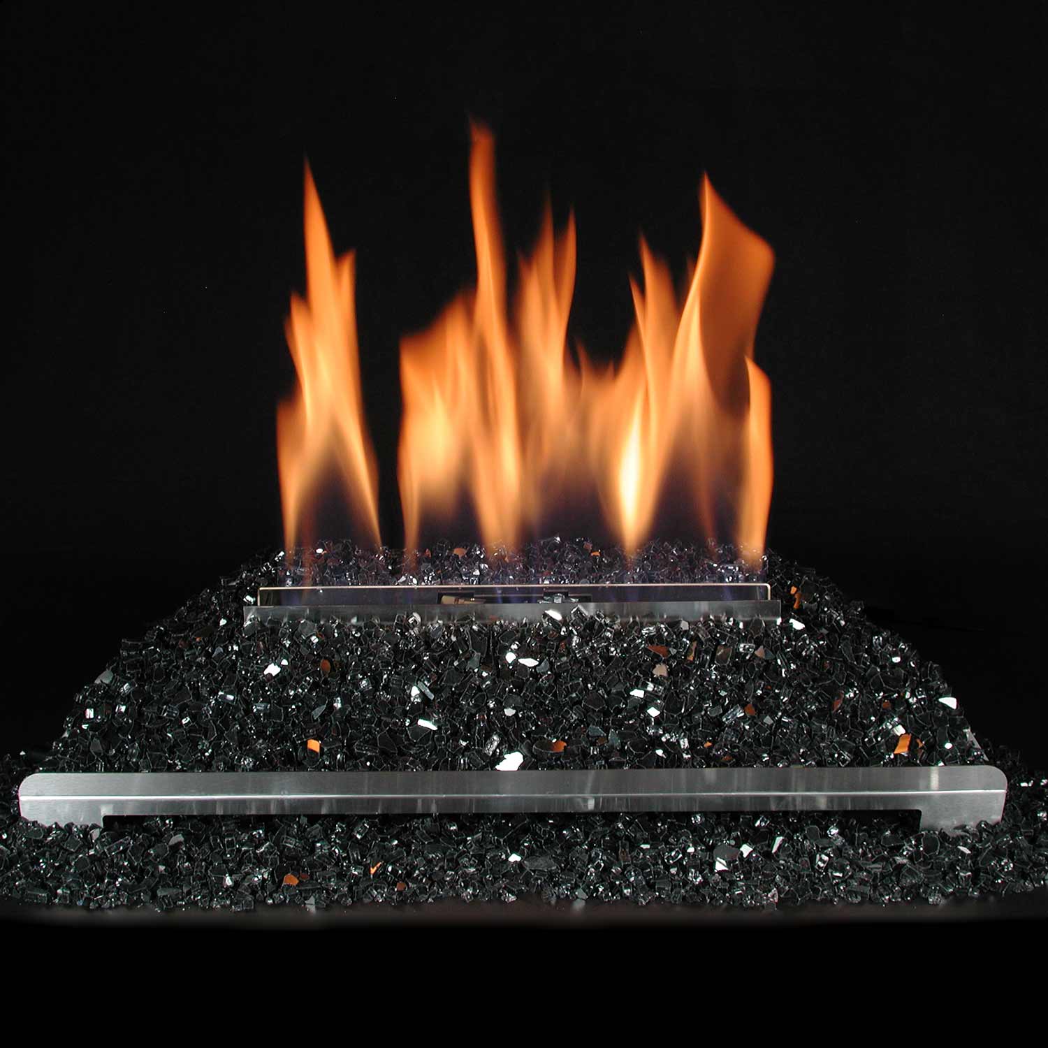 Ventless gas burner with stainless bar and black fire glass, with orange flames