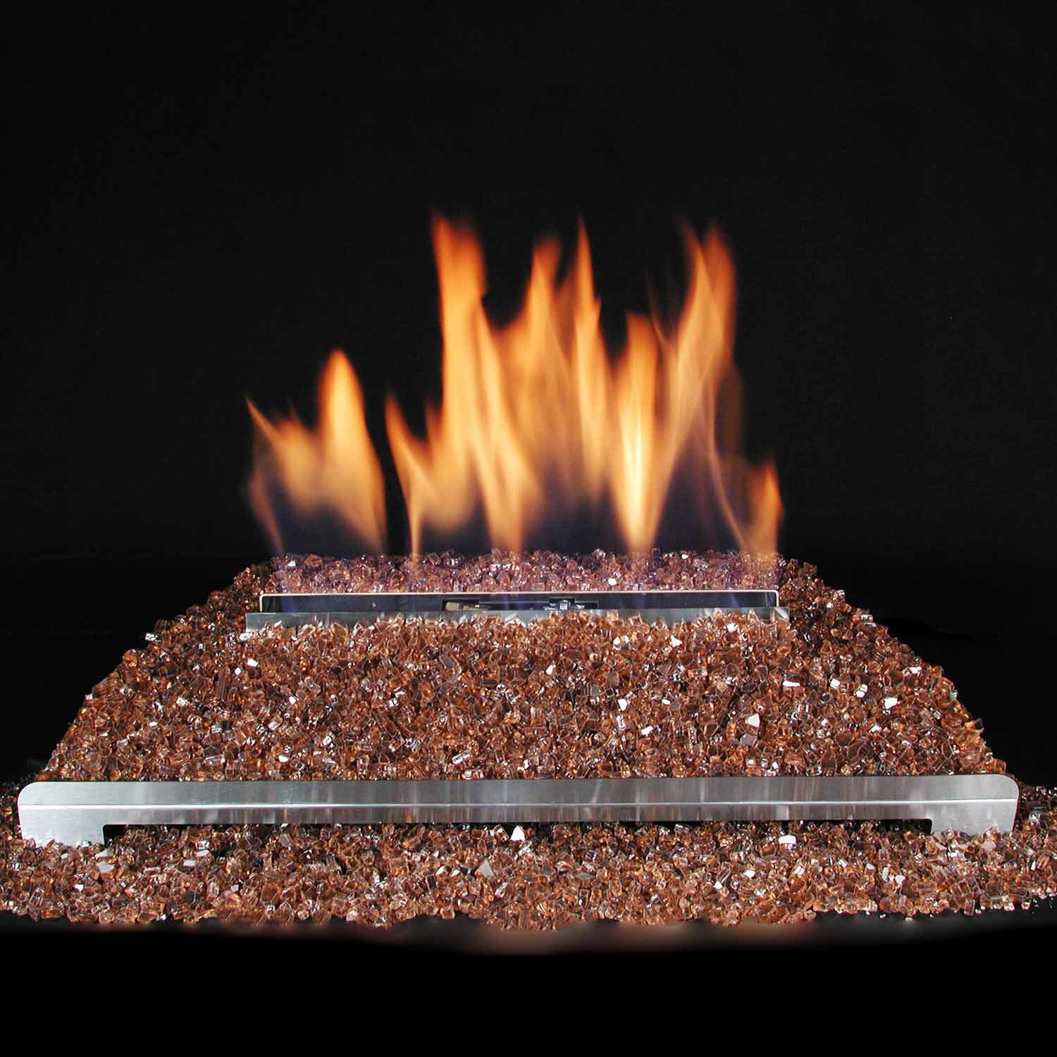 Ventless gas burner with stainless bar over copper fire glass and orange flames