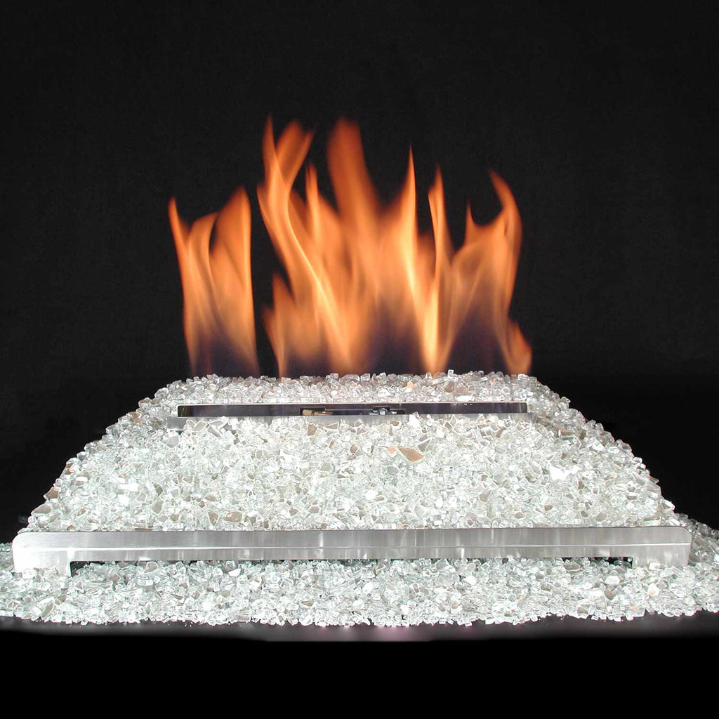 Ventless gas burner with stainless bar over white fire glass and orange flames