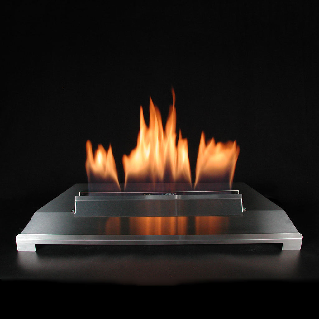 Ventless gas burner with stainless tray and orange flames