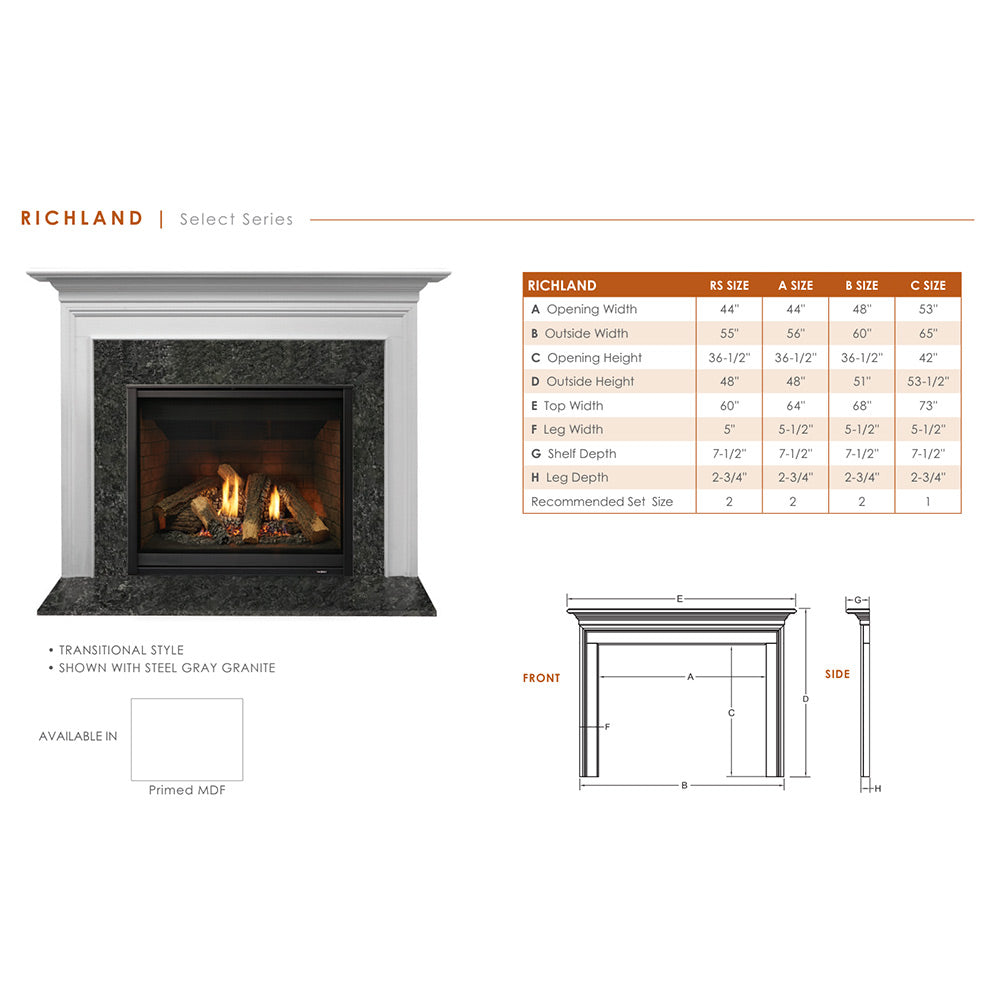 Monessen Attribute 42-Inch Vent-Free Circulating Firebox with Richland Flush Mantel, Primed MDF Finish