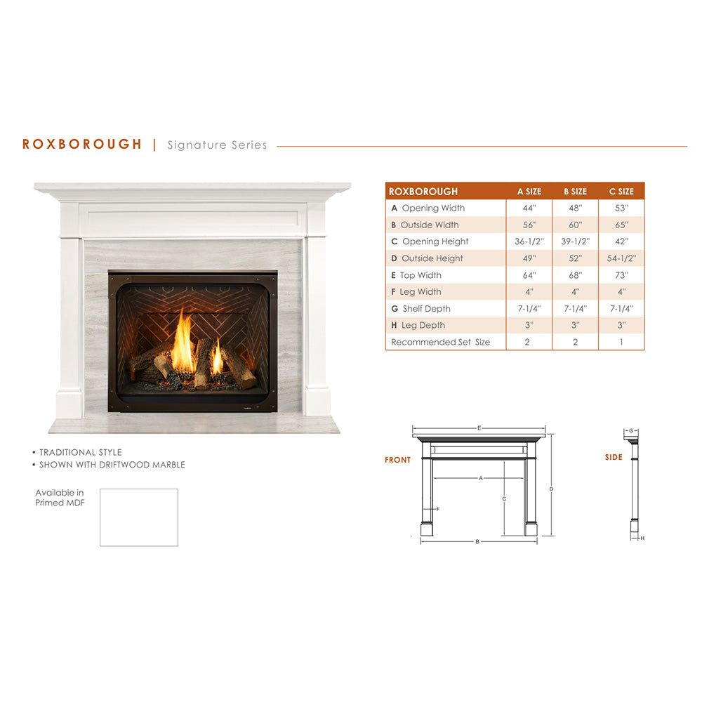 White primed MDF flush mantel direct vent gas fireplace with black firebox opening and flame