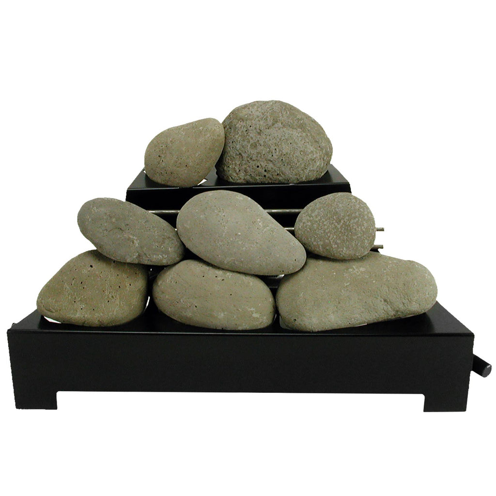 Ventless burner kit with light beige ceramic fire stones on a black tray