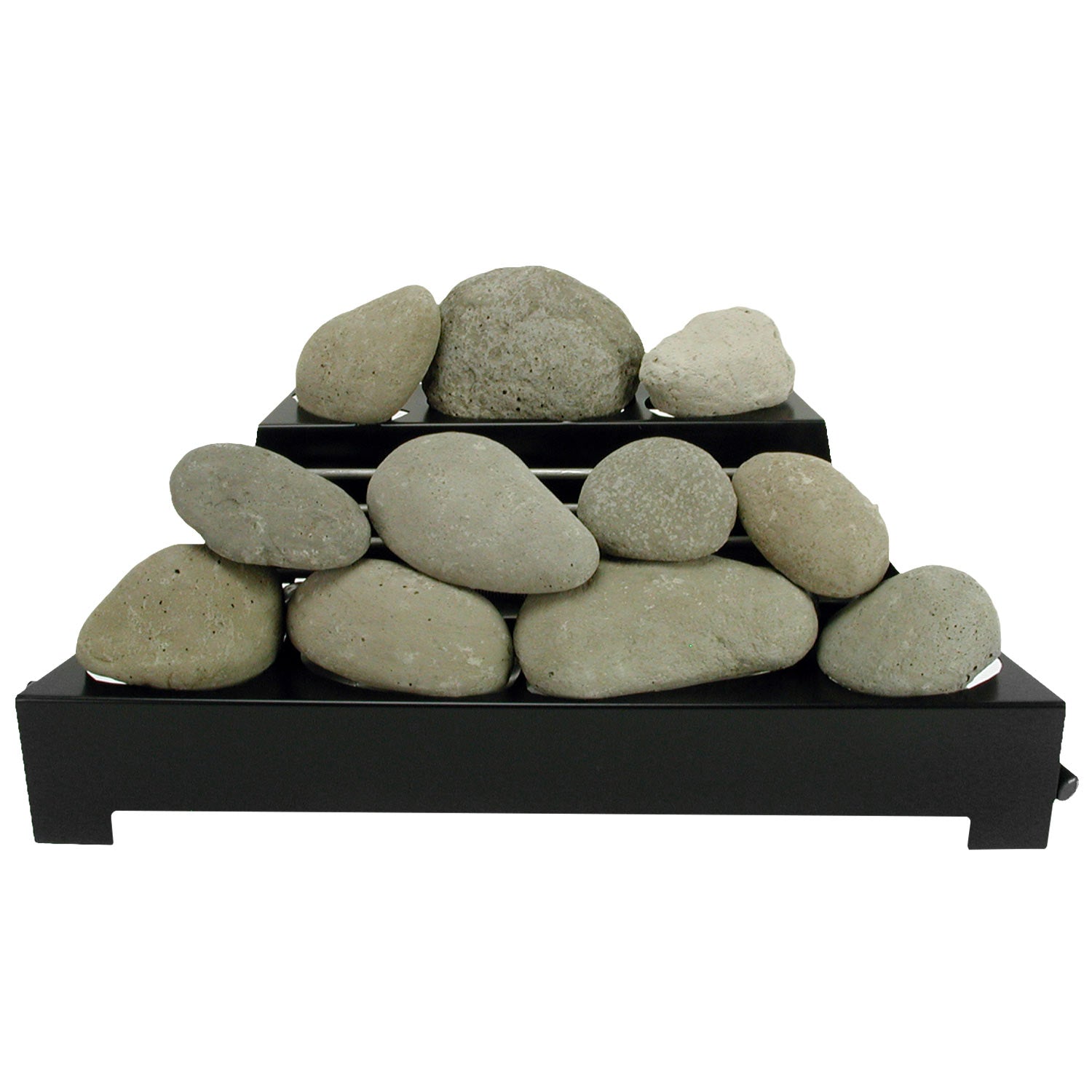 Ventless burner tray with light-to-medium gray ceramic fire stones in black base