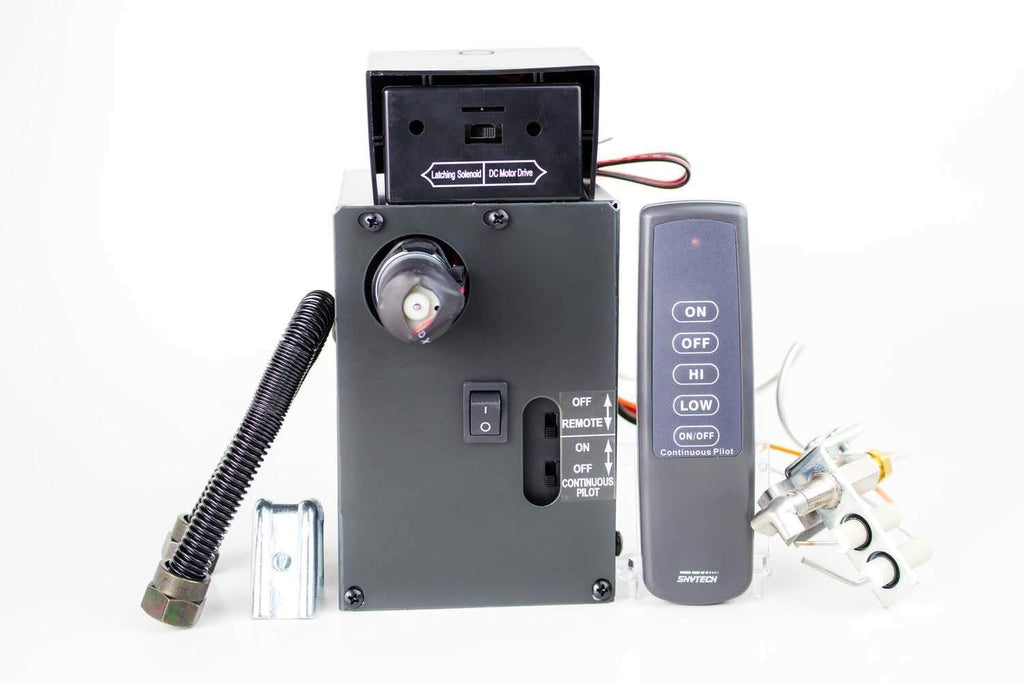 Gas valve pilot kit with black control box and handheld remote, wiring and fittings