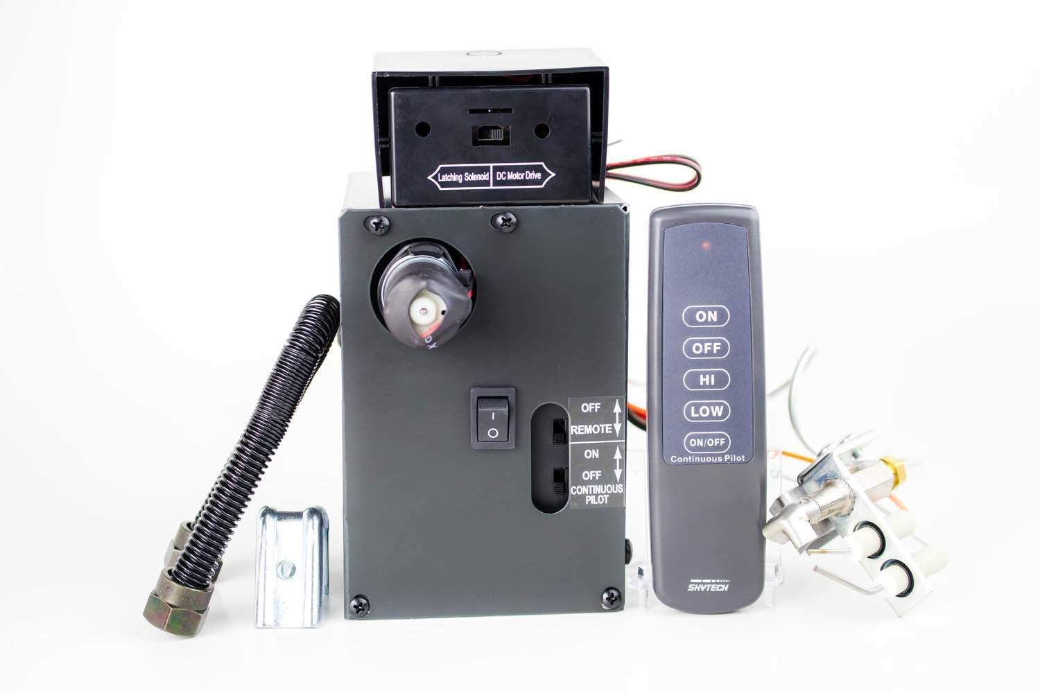Gas valve pilot kit with black control box and handheld remote, wiring and fittings