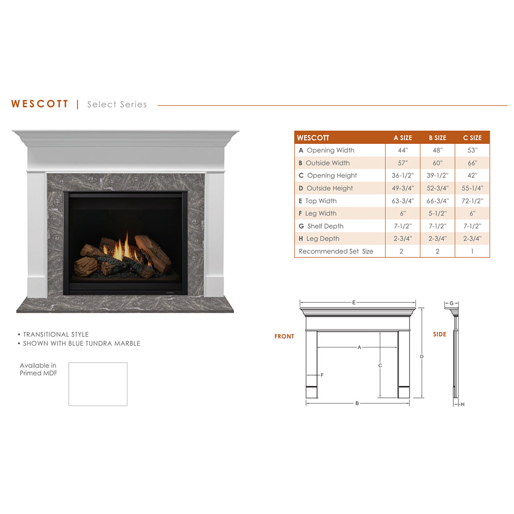 Monessen Attribute 36-Inch Vent-Free Circulating Firebox with Wescott Flush Mantel, Primed MDF Finish