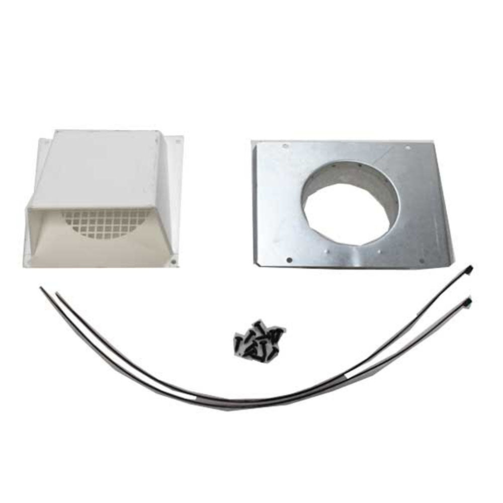 Outside air kit components: white hood, metal plate with round opening, wire tubes