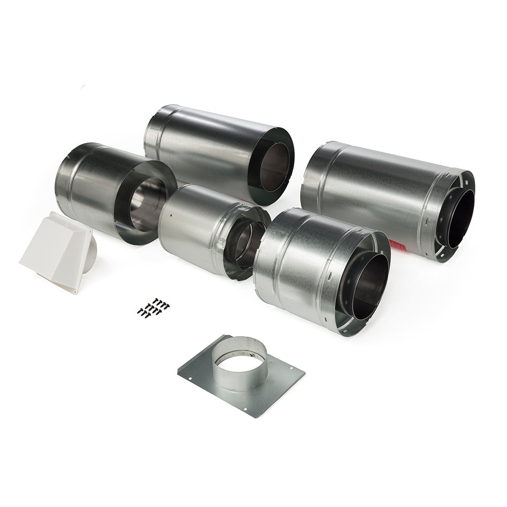 Metal outside air kit duct sections with gray mounting flanges and white wall plate