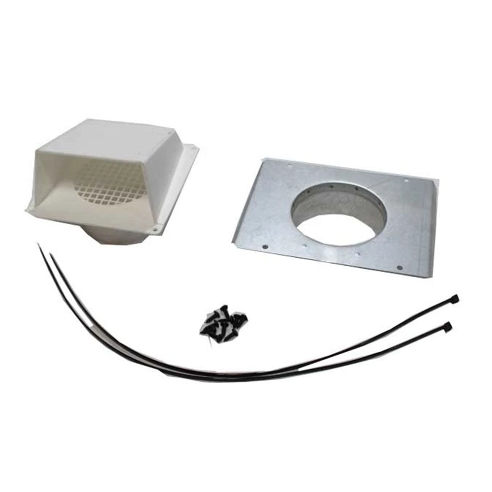 Outside air kit components: gray hood, metal plate with round opening, wire tubes
