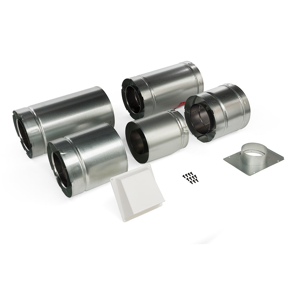 Metal duct tubes set with gray collars, white termination plate, and mounting screws