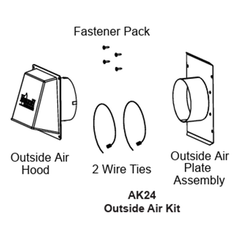 Outside air kit diagram showing hood, plate, two wire ties, fasteners