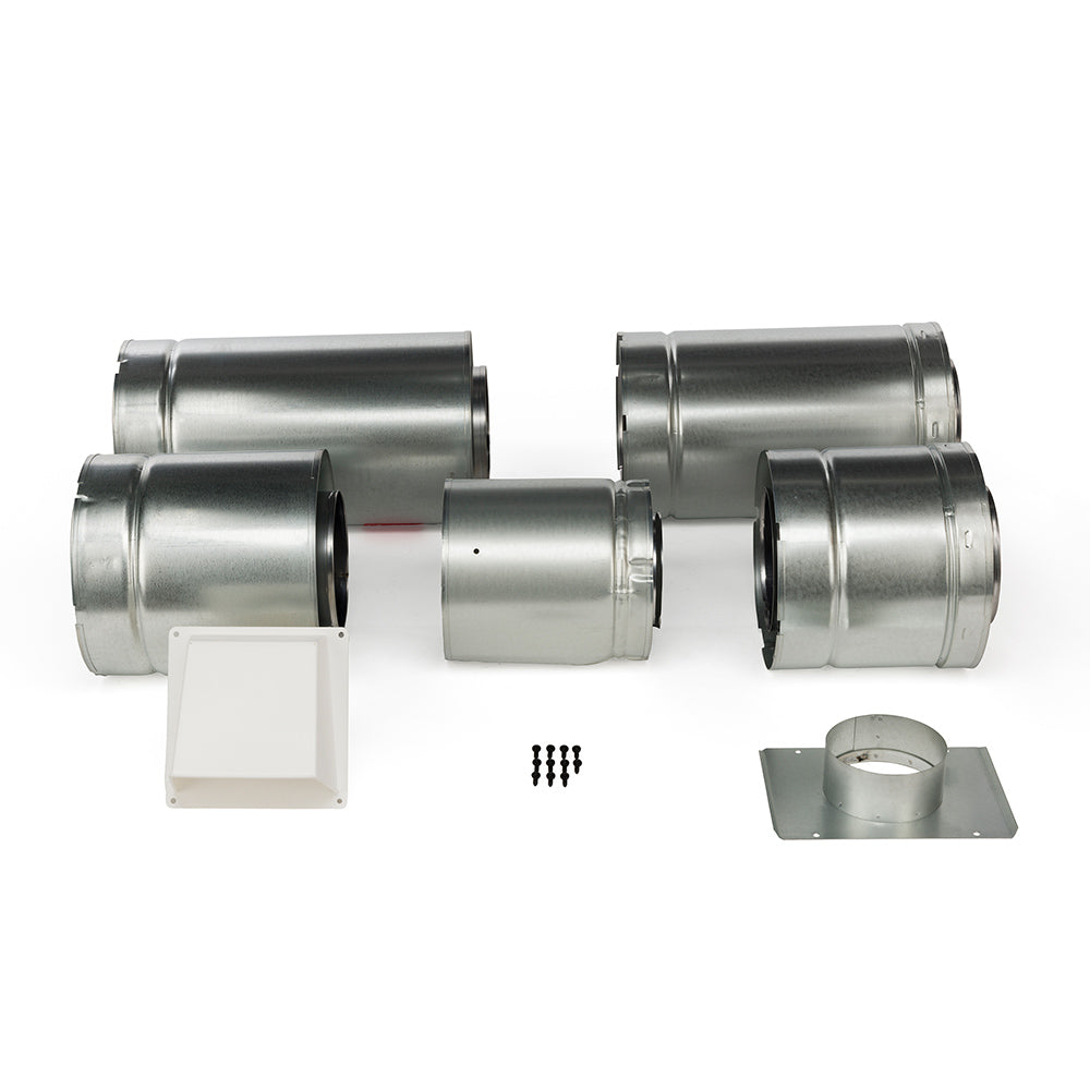 Outside air kit duct sections with white plate, gray flashing flange, and screws