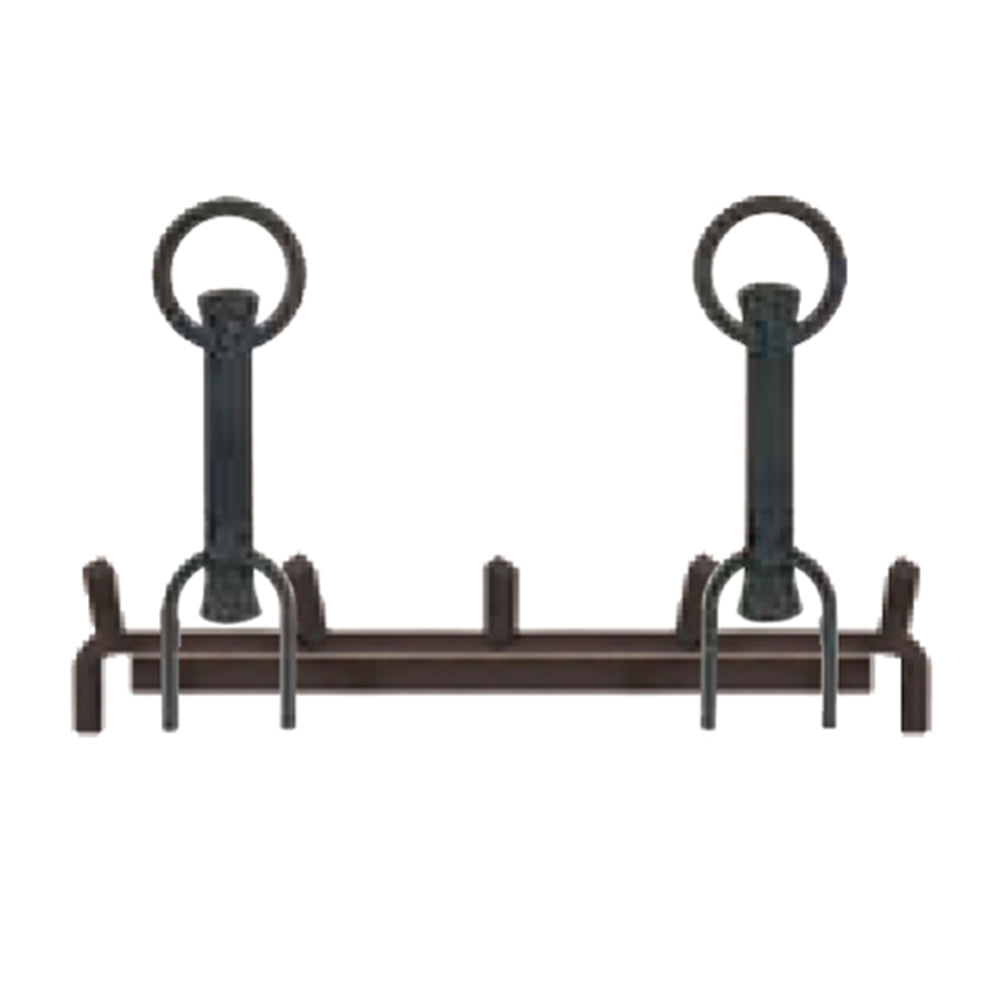 Dark metal andiron set with two uprights and circular ring handles