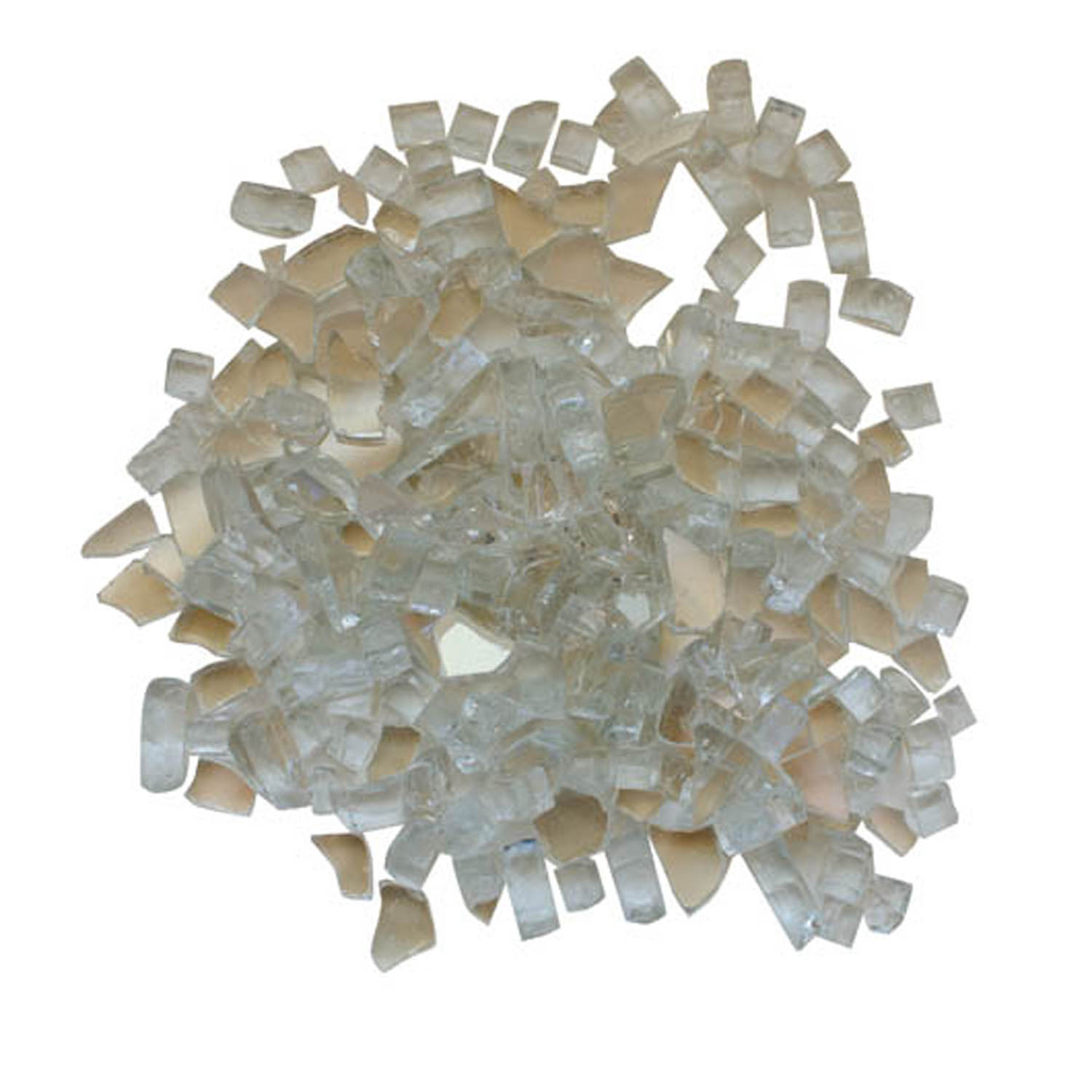 Clear reflective fire glass shards, small cube pieces in a heap
