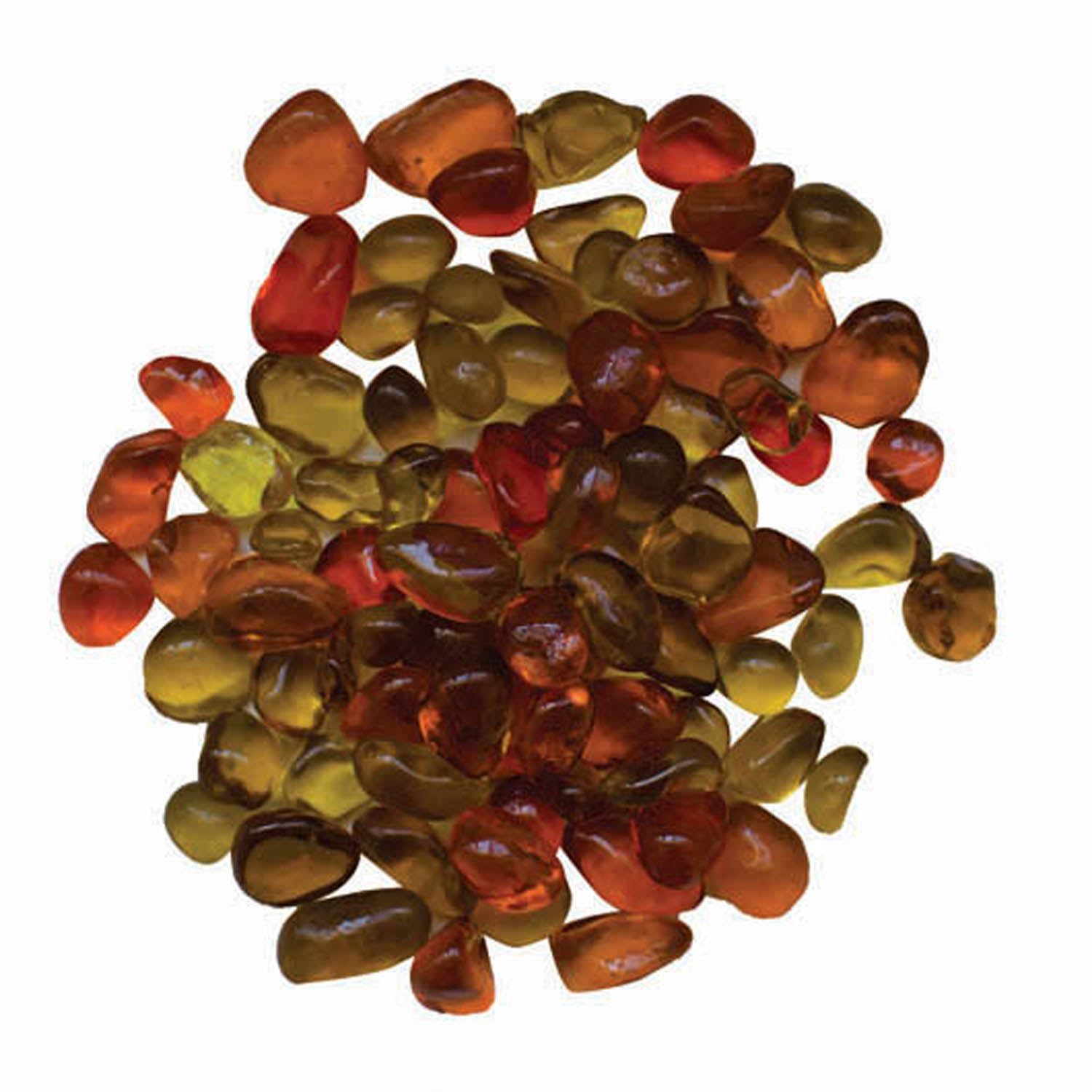 Translucent glass fire beads in red, amber, and olive green tones