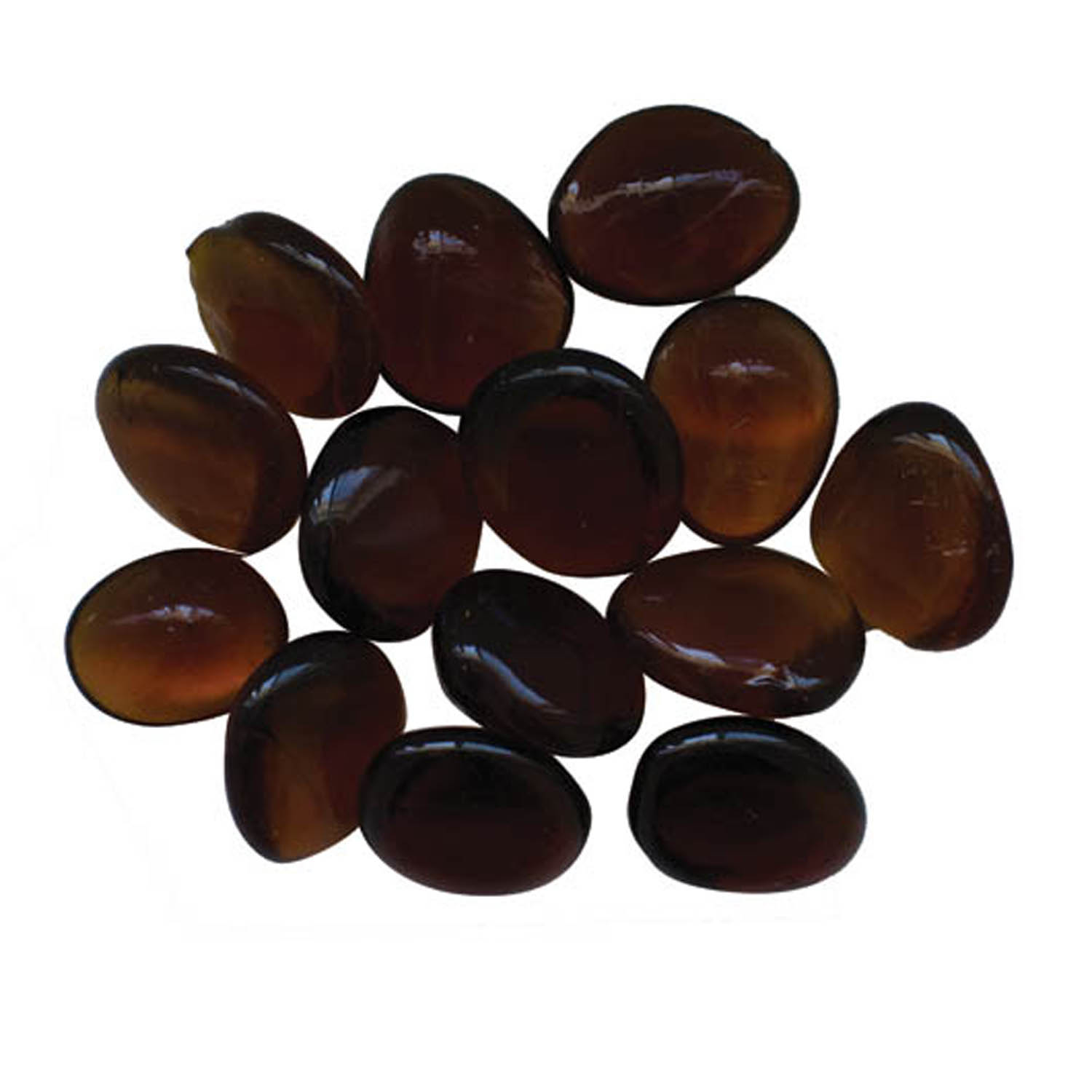 Brown oval fire beads, glossy glass, assorted pieces.