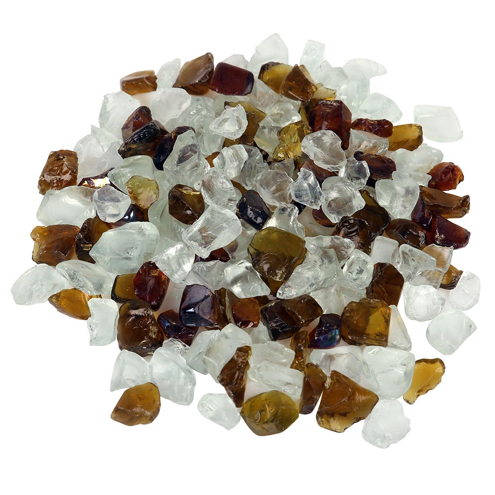 Canyon Brown fire glass pieces in clear, white, amber and brown shards