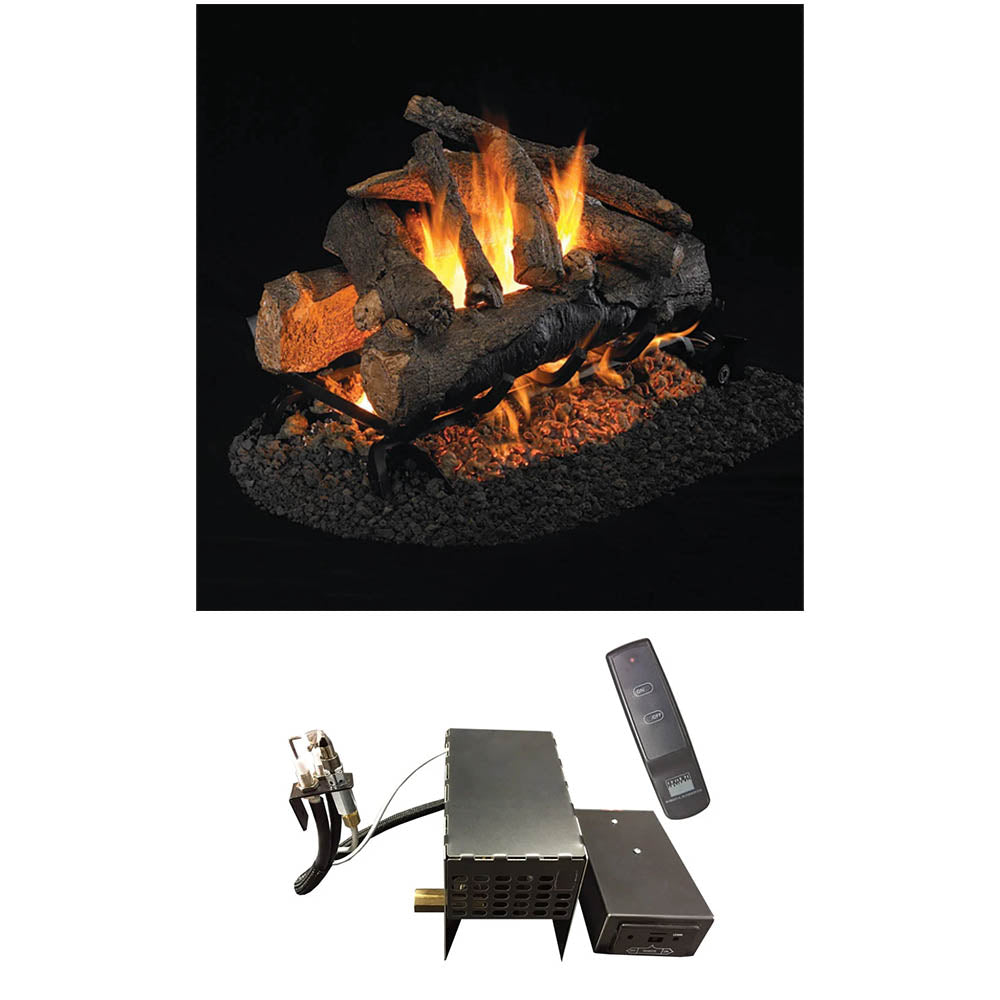 Vented gas log set with burning American oak logs, black burner box, and remote control