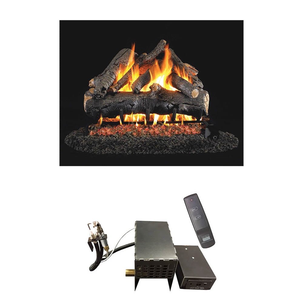 Real Fyre vented gas log set with glowing flames and remote control