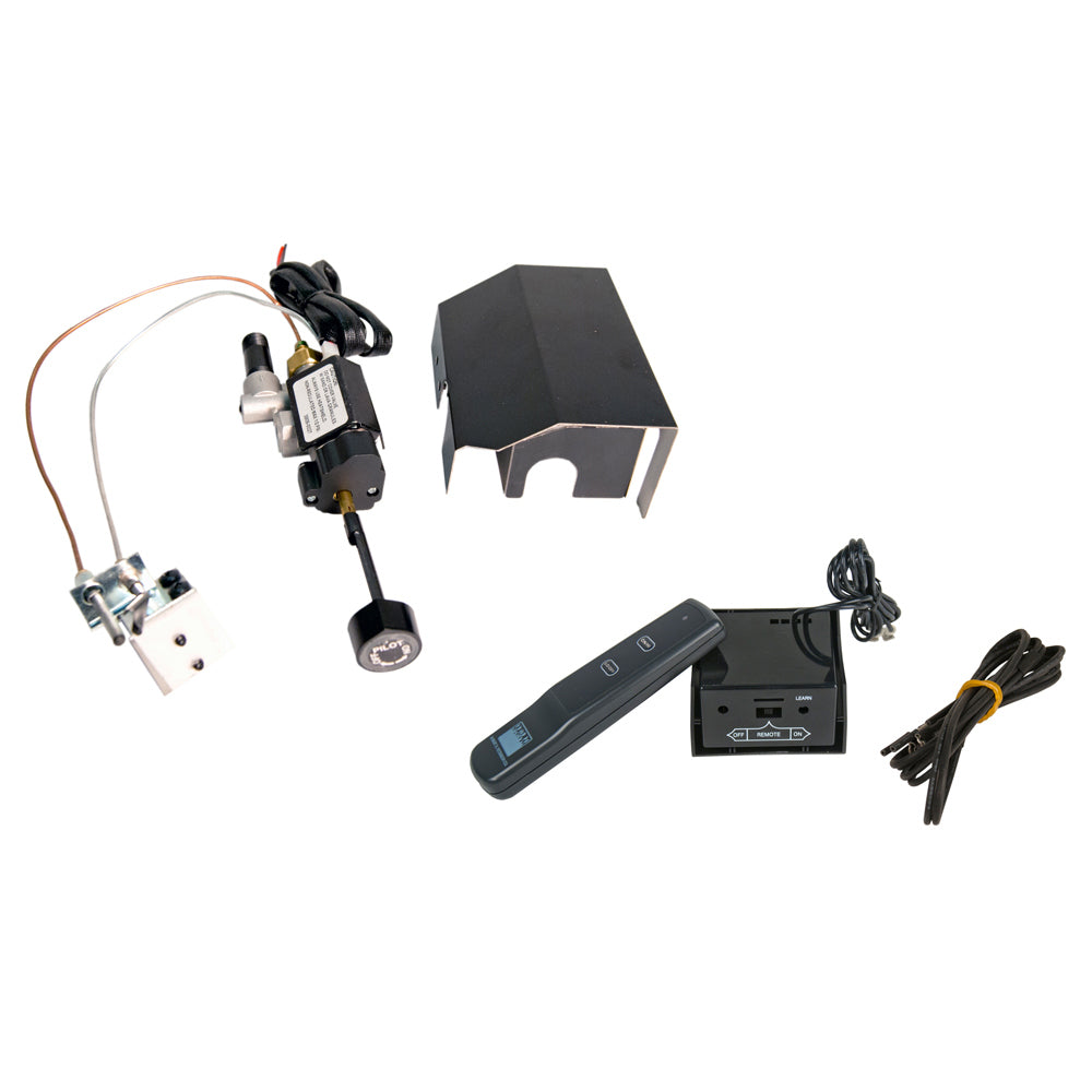 Gas valve set with low-profile control module, remote, wiring harness, and sensor leads