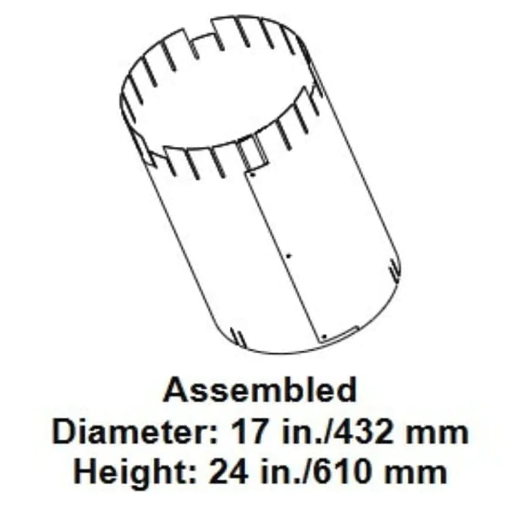 Straight flue attic insulation shield, assembled curved metal wrap with locking tab
