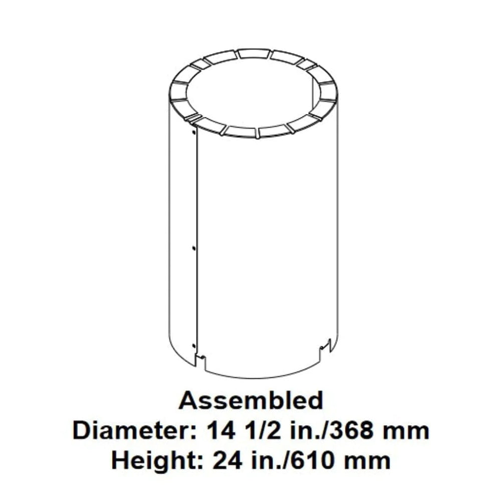Assembled metal flue insulation shield sleeve with top ring; diameter 14.5 in, height 24 in