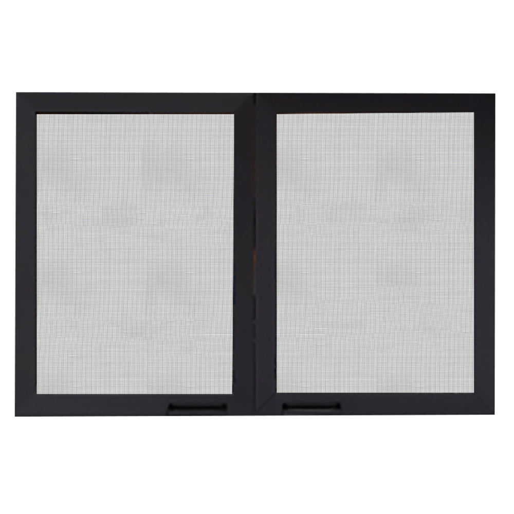 Operable mesh firebox doors with black frames and two square white mesh panels