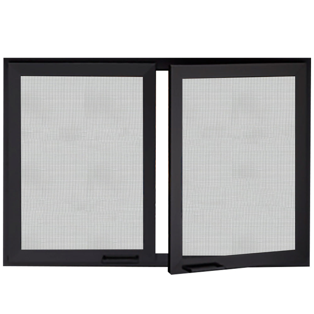 Operable mesh firebox doors, hinged pair with black frames and light gray mesh panels
