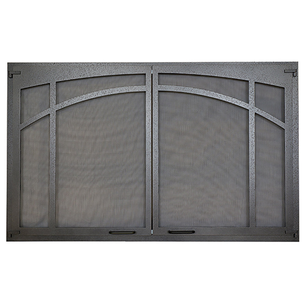 Iron arched screen door with textured mesh and vertical side panels