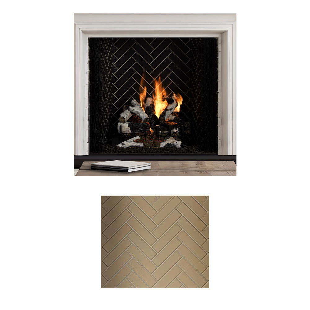 Wood-burning fireplace with white mantel and black firebox; tan brick herringbone panel