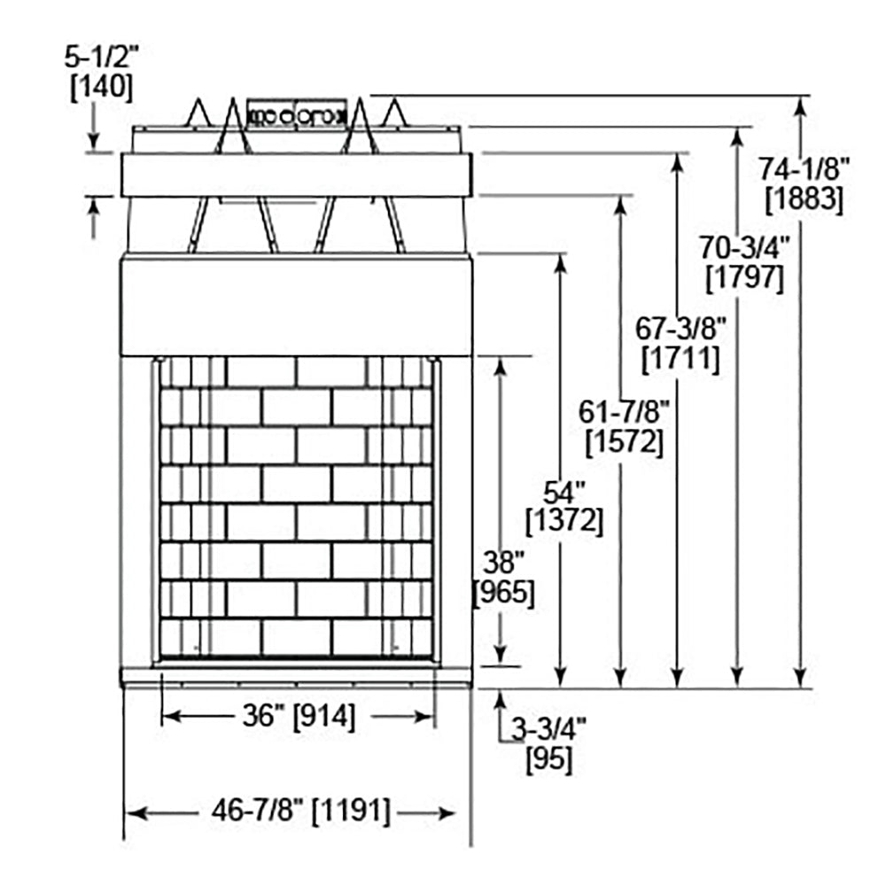 Radiant wood burning fireplace dimension diagram with labeled measurements