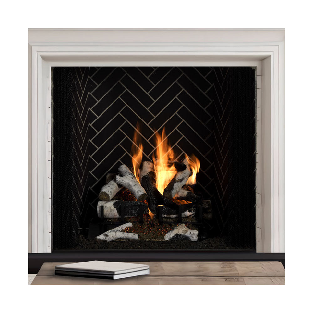 36-inch wood-burning fireplace with black firebox, burning logs behind white surround
