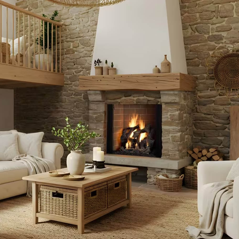 Stone fireplace with black firebox and burning logs, wood mantel shelf
