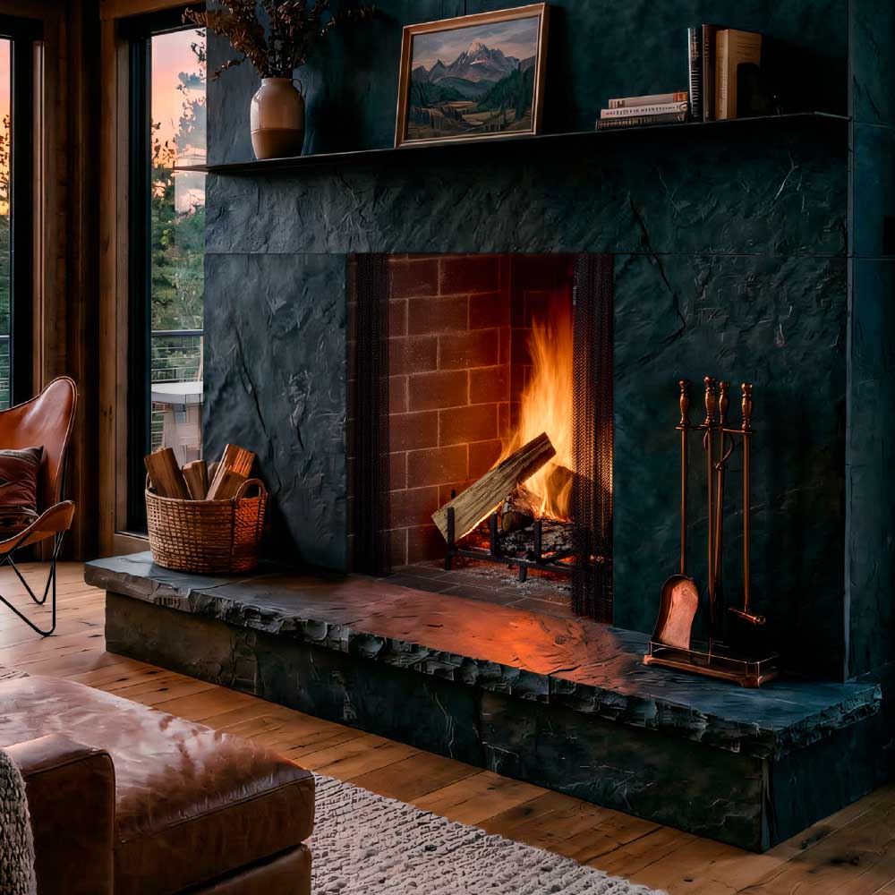 Stone wood-burning fireplace with fire, logs, and tool set at the hearth