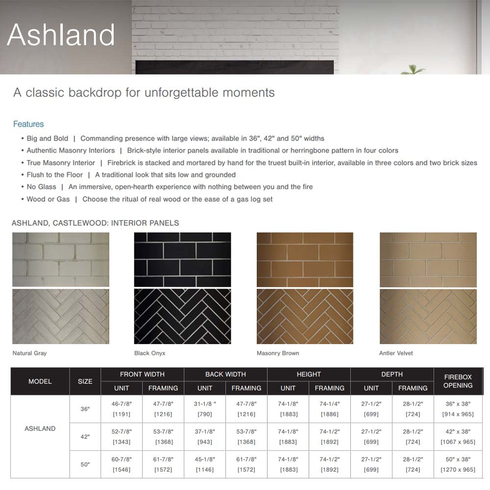 Ashland fireplace panel spec sheet showing herringbone and masonry brown options