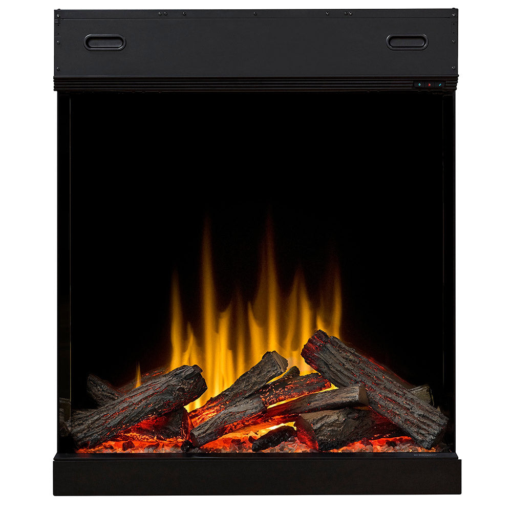 Built-in electric firebox with glowing flames and faux logs, black front panel