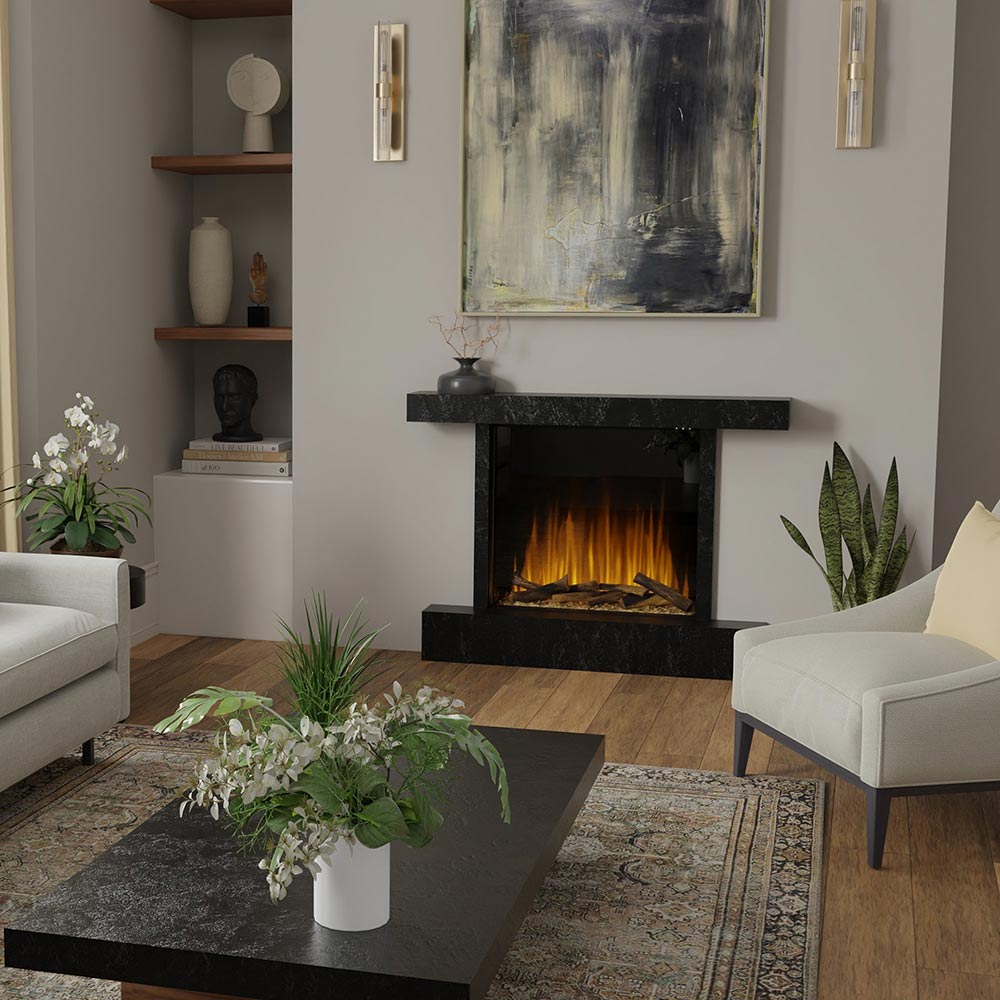 Built-in electric fireplace insert with flame effect and faux logs, set in dark surround